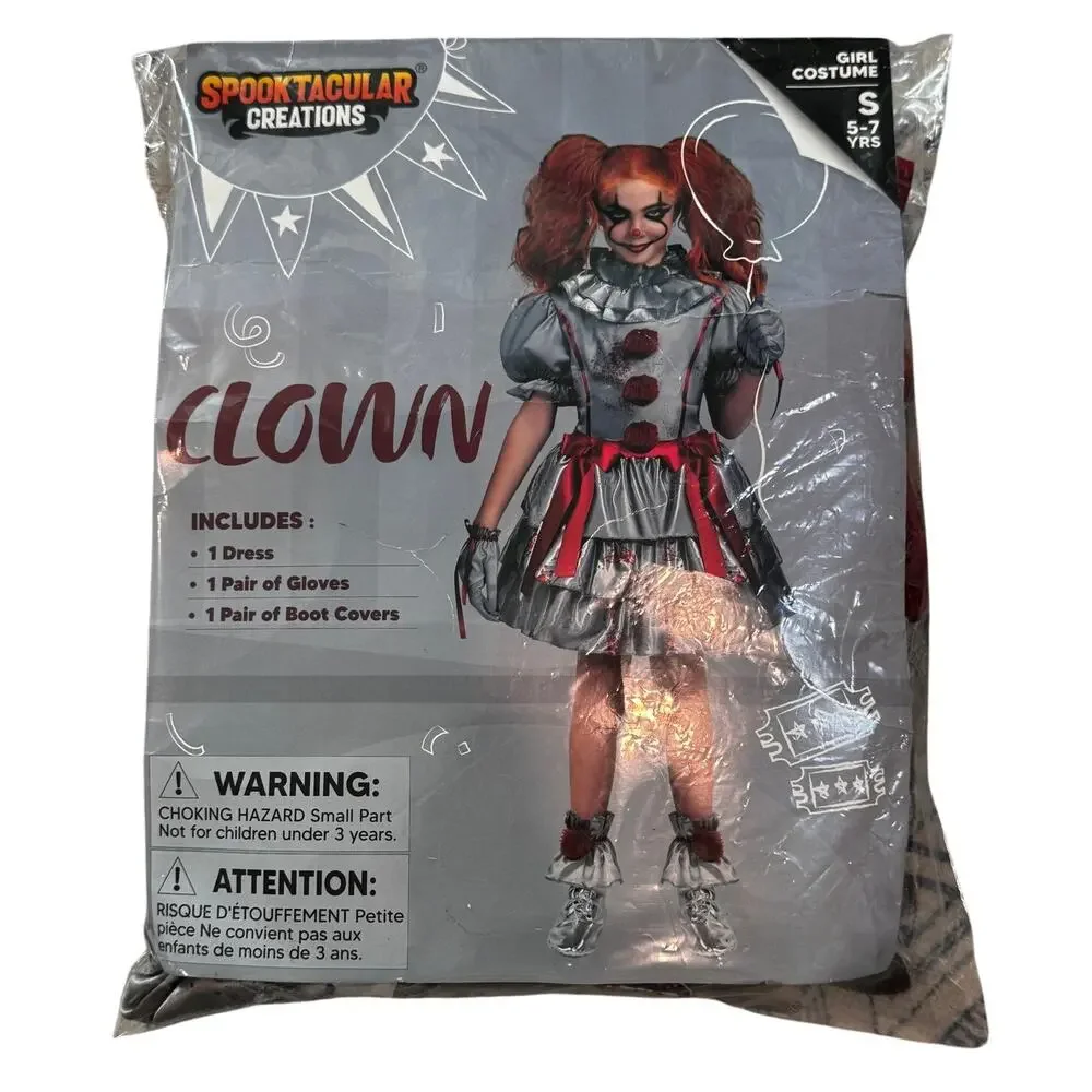 Spooktacular Creations Girls Scary Clown Costume Dress Small S 5-7 Yrs Halloween